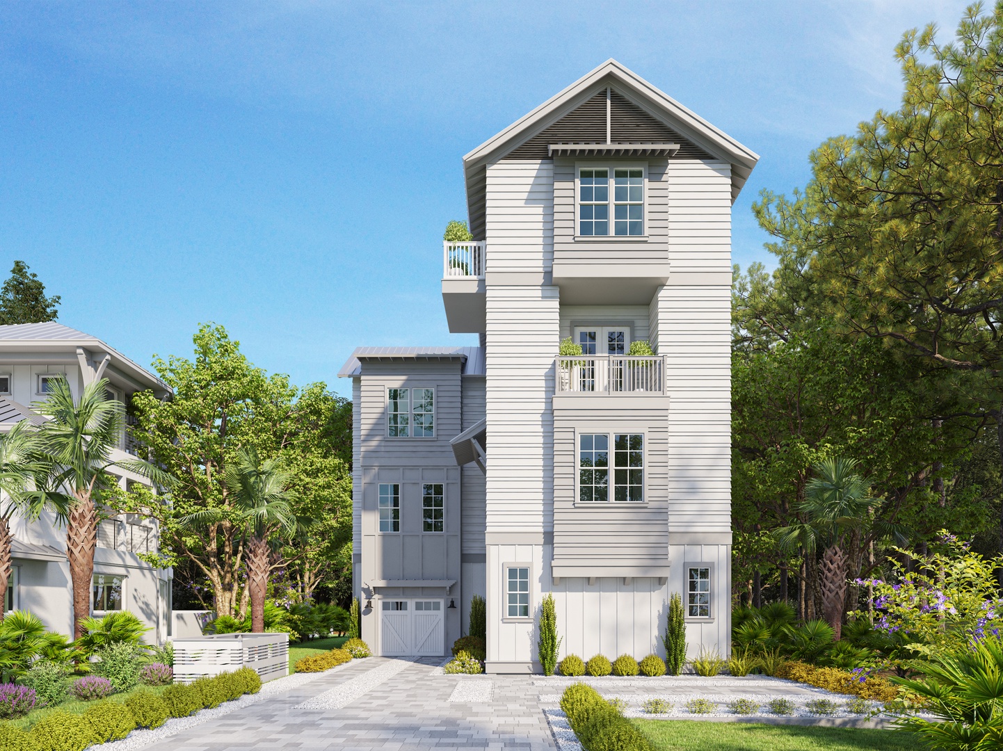 Coastal-style vacation home featuring multiple levels with private balconies, surrounded by lush palm trees and tropical landscaping.