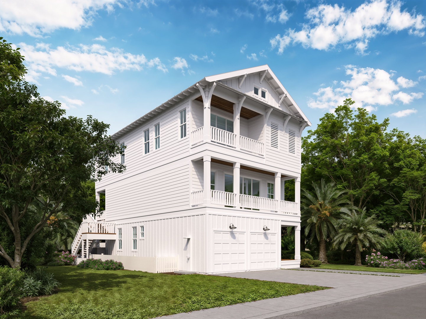 Charming white coastal home with dual balconies nestled among lush tropical landscaping and mature trees.