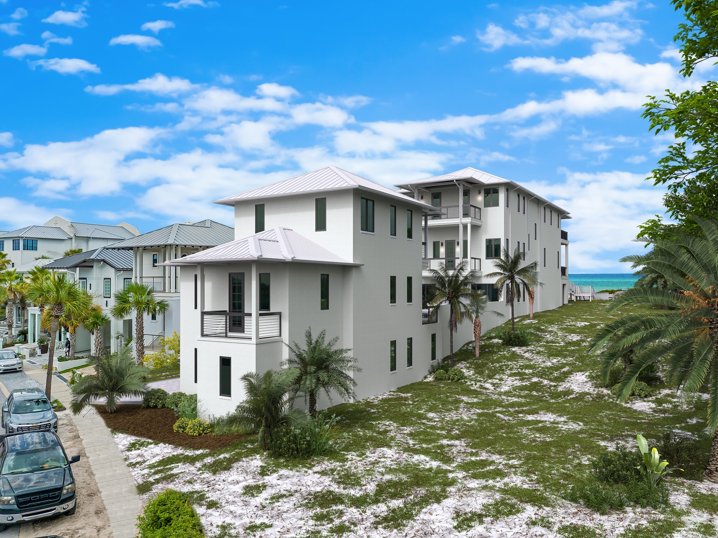 Modern beachside escape with pristine sandy shores just steps from your door and stunning turquoise waters in view.