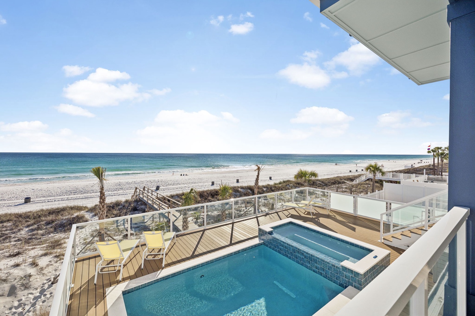 Stunning oceanfront property featuring a private pool deck with direct beach access and panoramic Gulf Coast views.