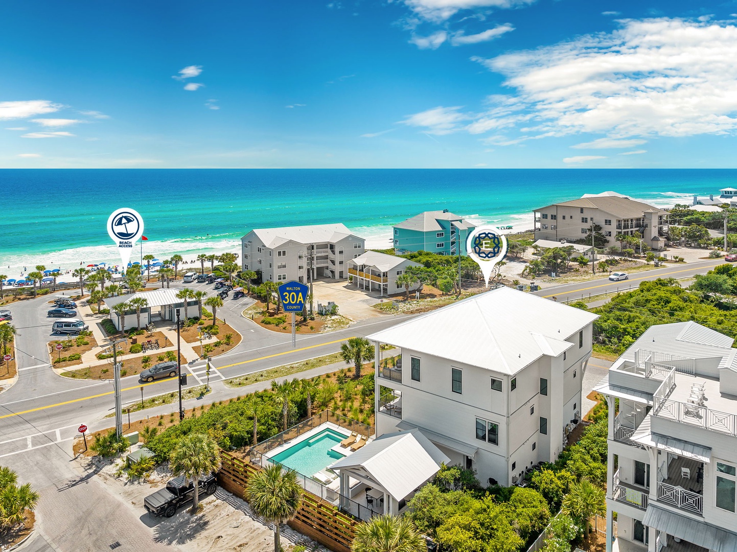 Beachside vacation rental located steps from stunning turquoise Gulf waters, with direct beach access and convenient coastal highway proximity for easy arrival and exploration.