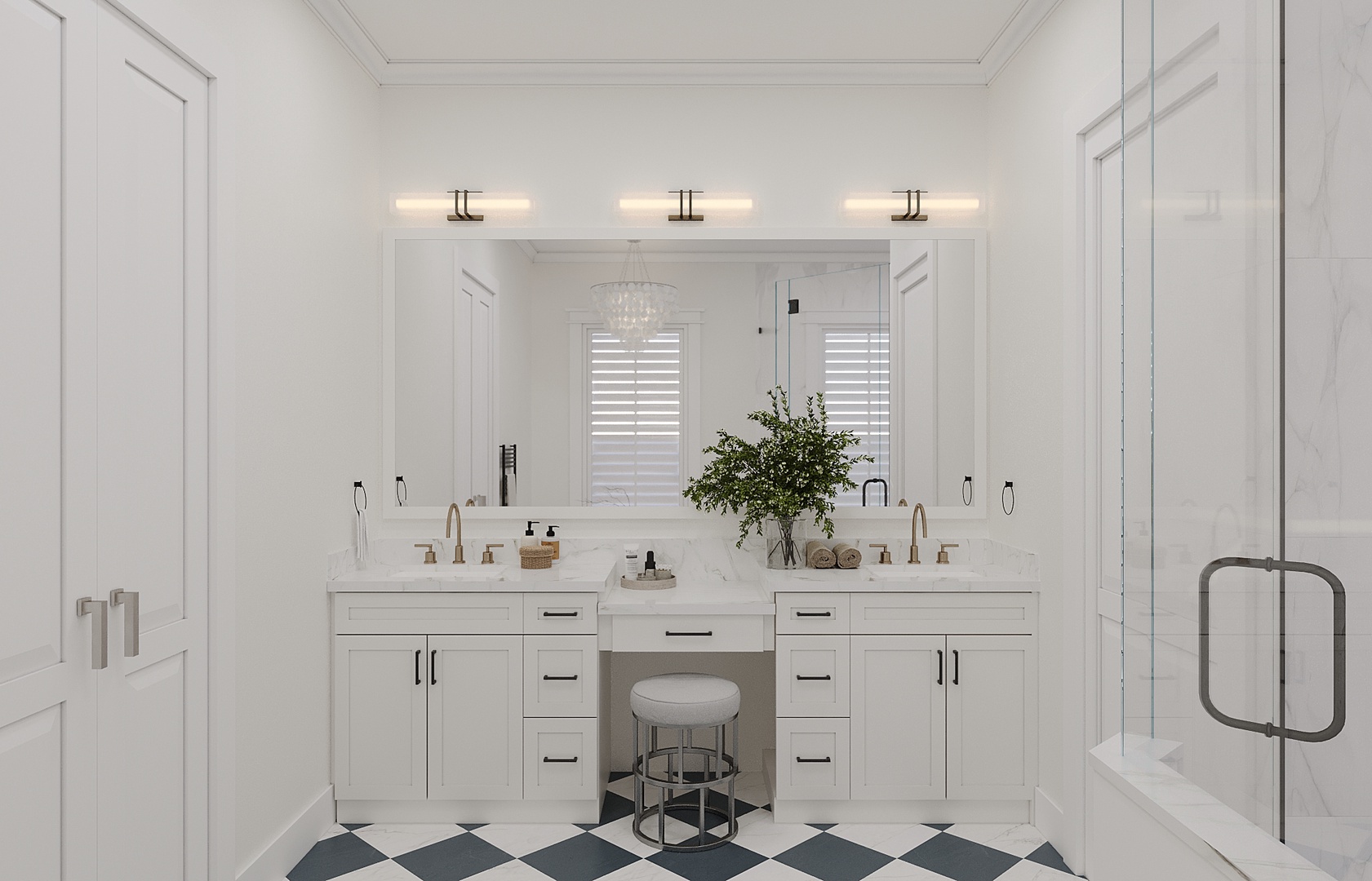 Your pristine bathroom sanctuary features dual vanities and elegant touches for your perfect morning routine.