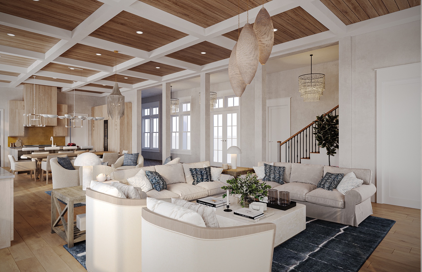 Unwind in an elegant living room with soaring wood-beam ceilings, oversized seating, and coastal-inspired lighting—your perfect gathering space for relaxation and conversation.