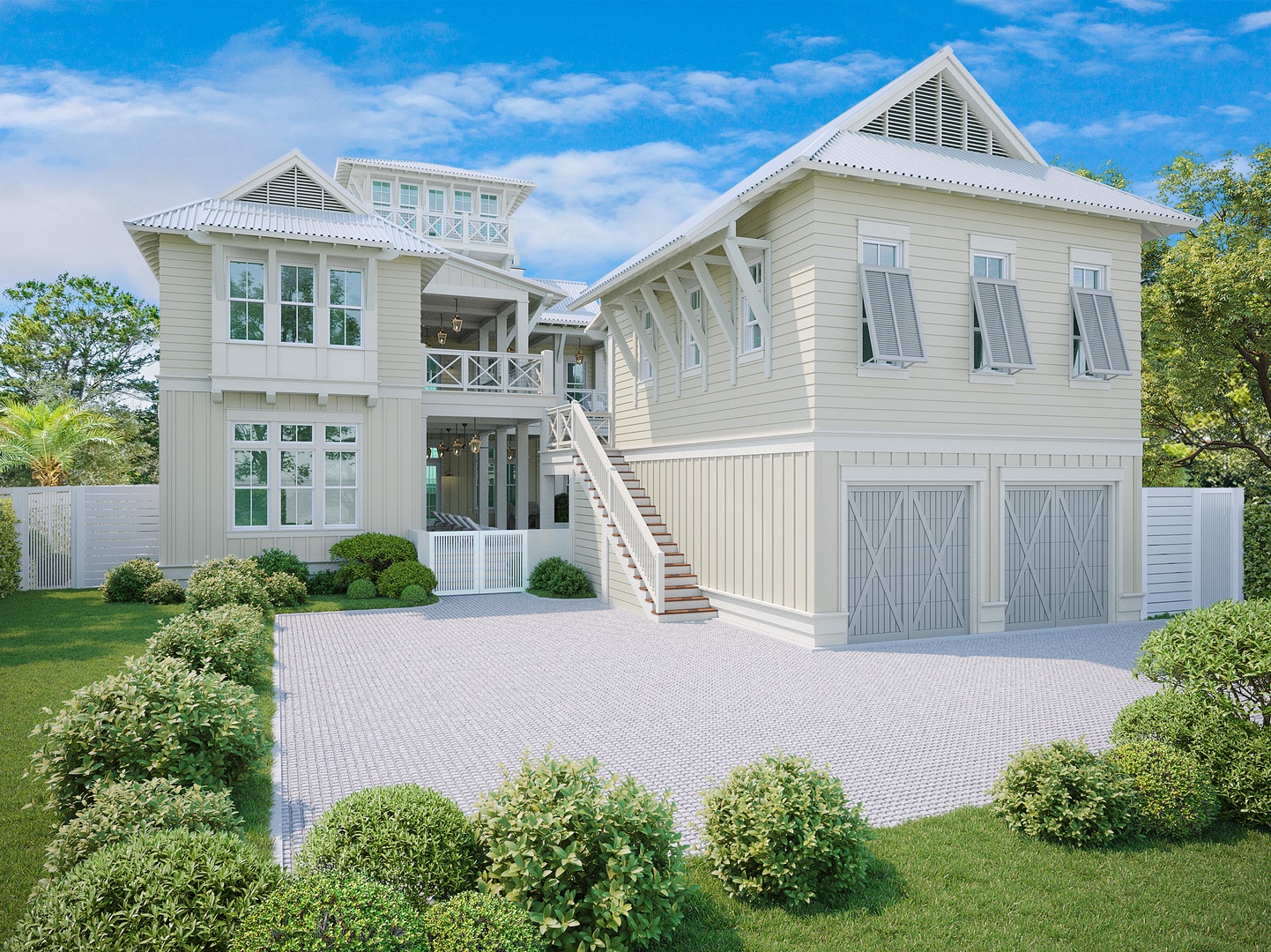 This elegant coastal-style home features classic architecture with crisp white siding, a spacious driveway, and lush landscaping that creates a welcoming arrival experience.