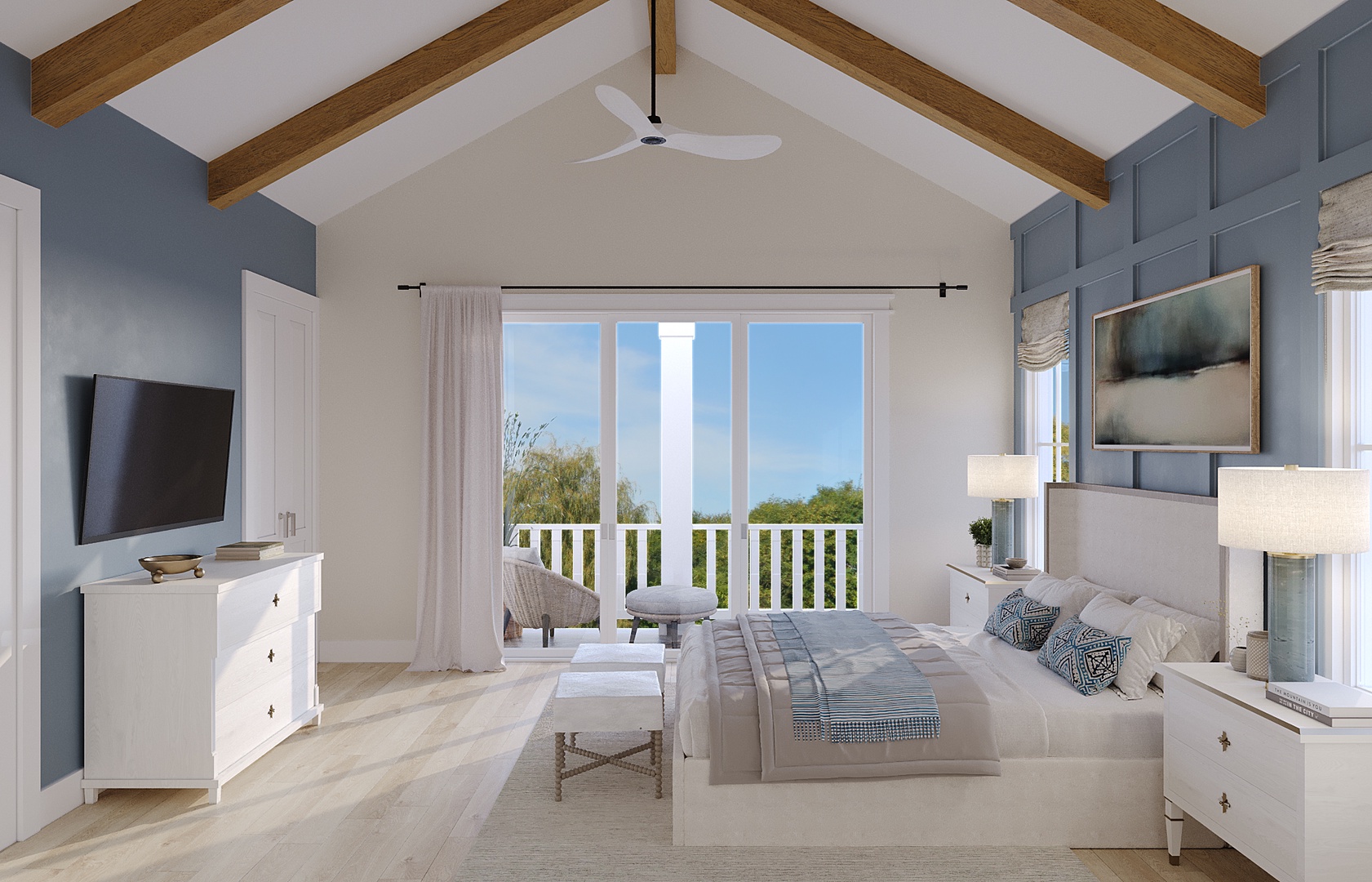 Relax in your elegant bedroom with vaulted ceilings, exposed beams, and a private balcony overlooking serene greenery.