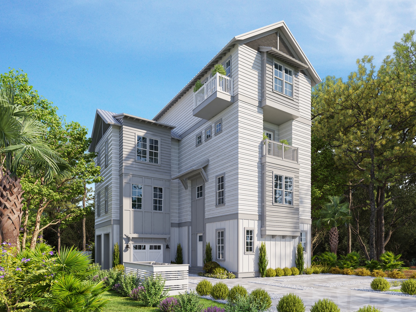 Modern coastal home featuring elegant gray siding, multiple balconies, and lush tropical landscaping with palm trees and manicured gardens.