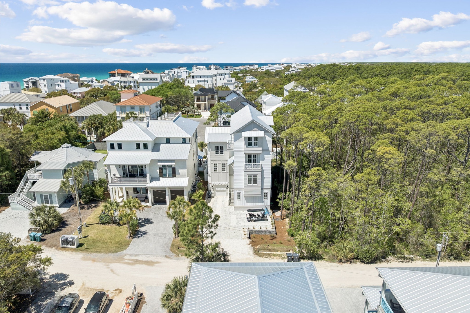 Aerial view of coastal community featuring modern beach homes nestled between lush forest and sparkling ocean waters.