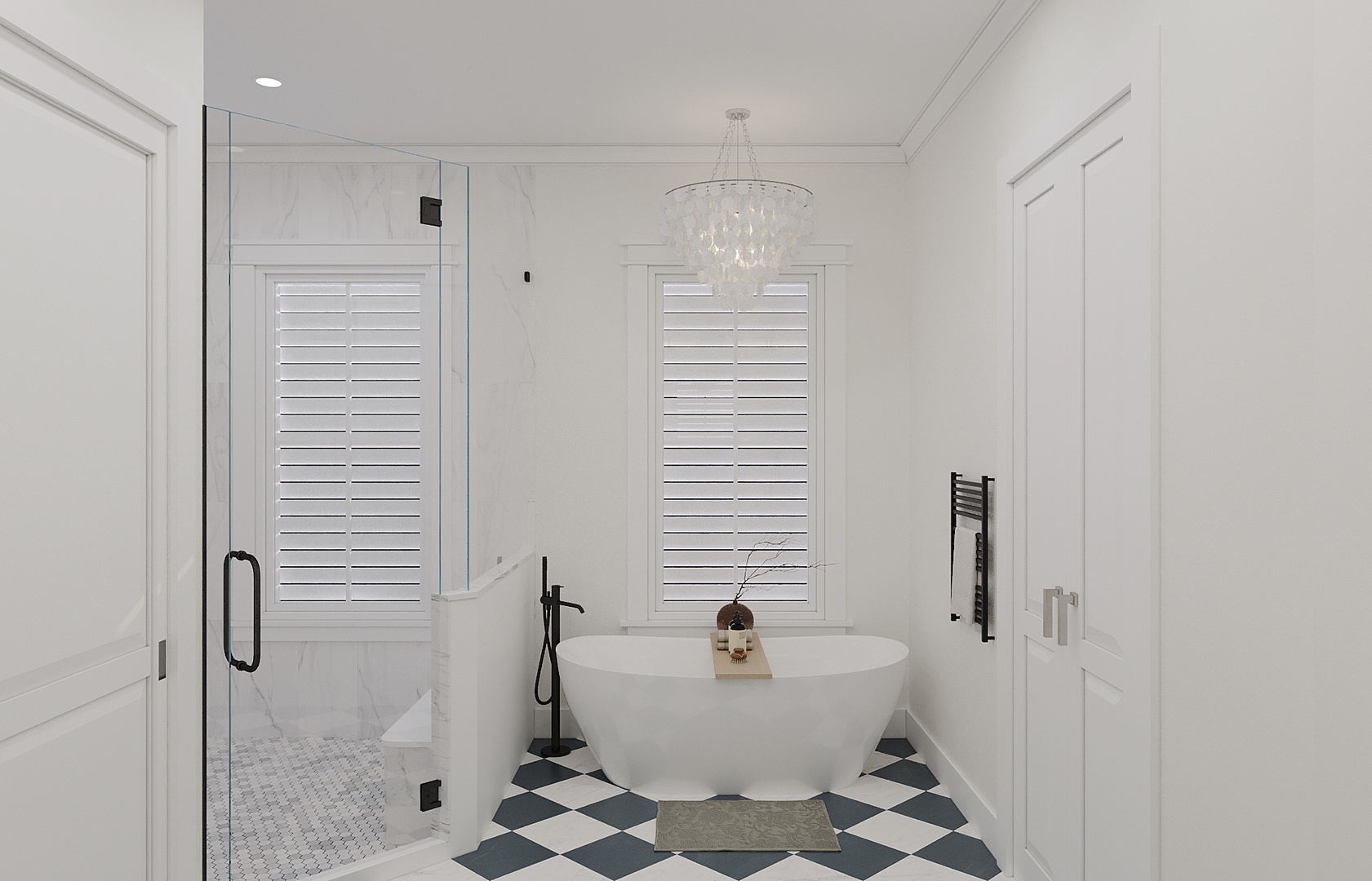 Indulge in your private spa retreat with a stunning freestanding tub, rainfall shower, and elegant crystal chandelier creating pure luxury.