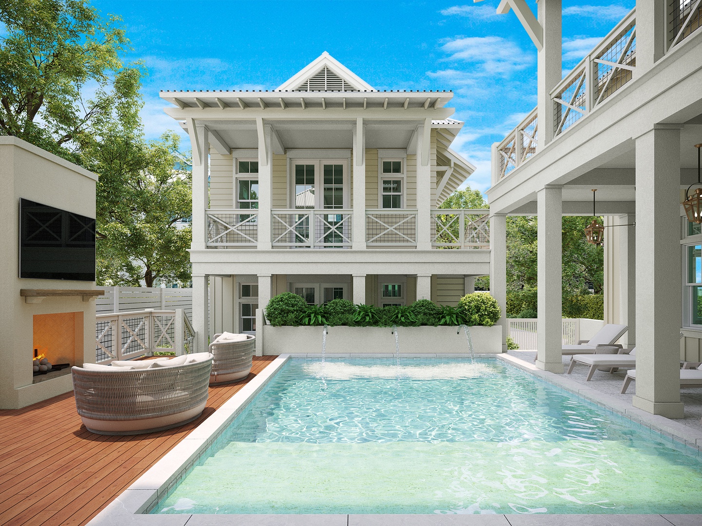 Stunning coastal-style property featuring a pristine swimming pool with integrated spa jets, elegant outdoor living spaces, covered seating areas, and an exterior fireplace surrounded by lush greenery.