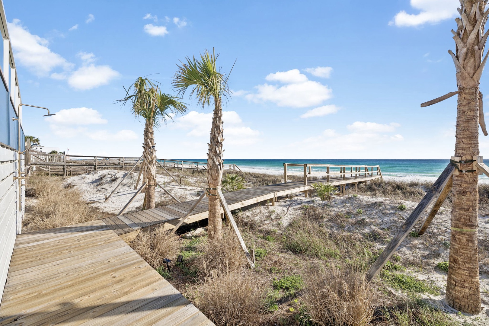 Coastal boardwalk winds through palm-lined dunes toward pristine sandy beach and turquoise waters.