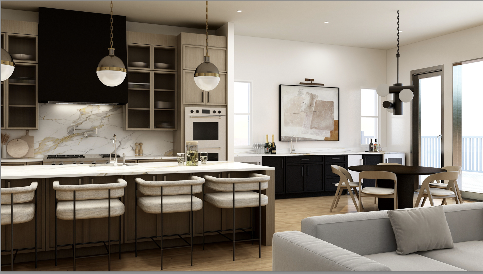Gather around the island for morning coffee or share a meal at the dining table in this modern, open-plan living space designed for easy entertaining.