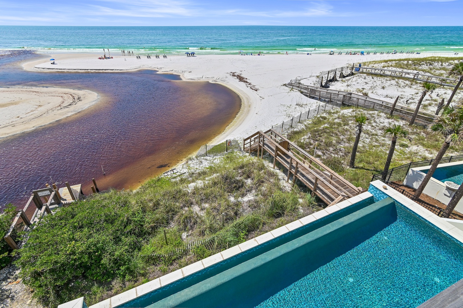 Beachfront property featuring direct access to pristine white sand shores, a private pool, and stunning emerald Gulf waters. This coastal retreat is surrounded by natural dunes and scenic boardwalks.