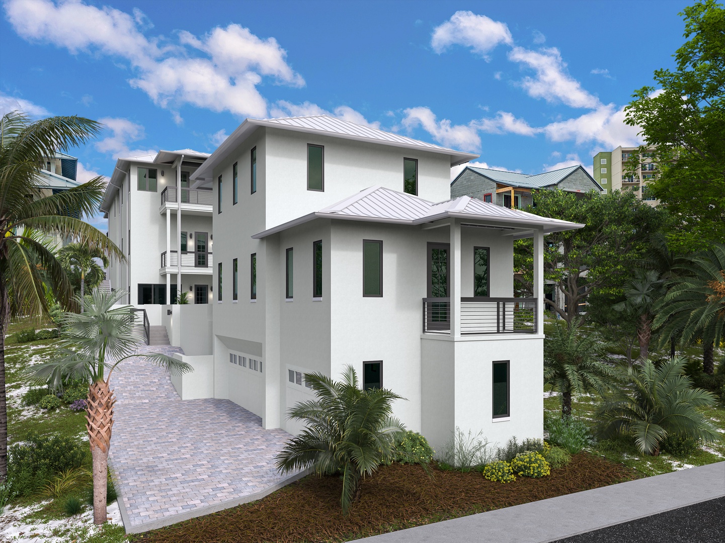 Modern three-story property featuring clean architectural lines, surrounded by lush tropical landscaping including palm trees and native plantings.