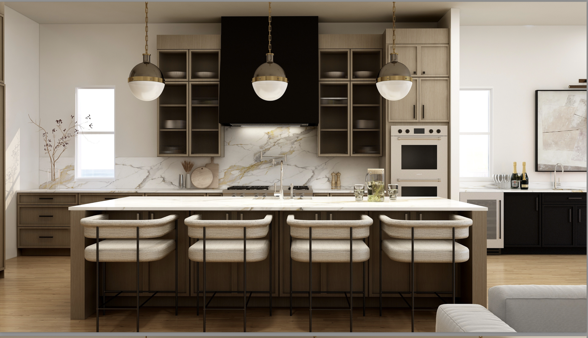 Step into your chef-inspired kitchen, where elegant marble backsplash meets warm wood tones. Gather around the spacious island with seating for six, perfect for morning coffee or evening wine with friends.