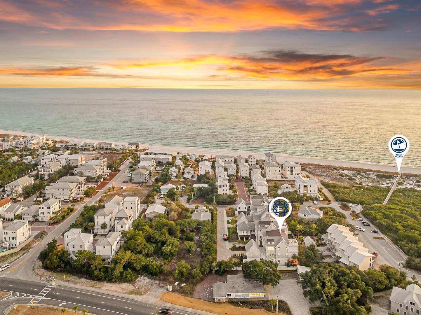 Stunning coastal community with direct beach access and breathtaking sunset views over pristine shoreline.