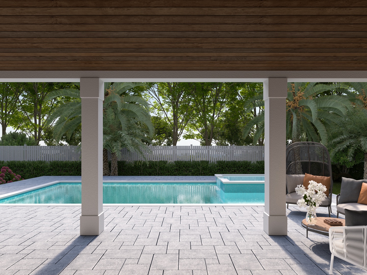 Step onto your private patio where tropical palms frame the sparkling pool—your perfect retreat for morning coffee or evening relaxation.