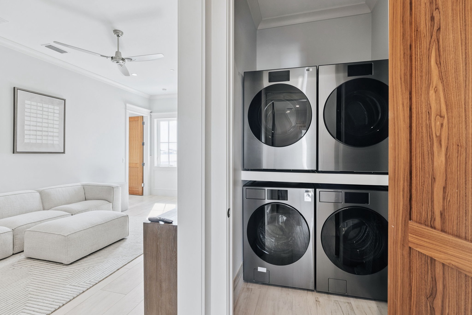 Your convenient in-unit laundry features sleek stainless steel washers and dryers, making travel light and fresh stays effortless.