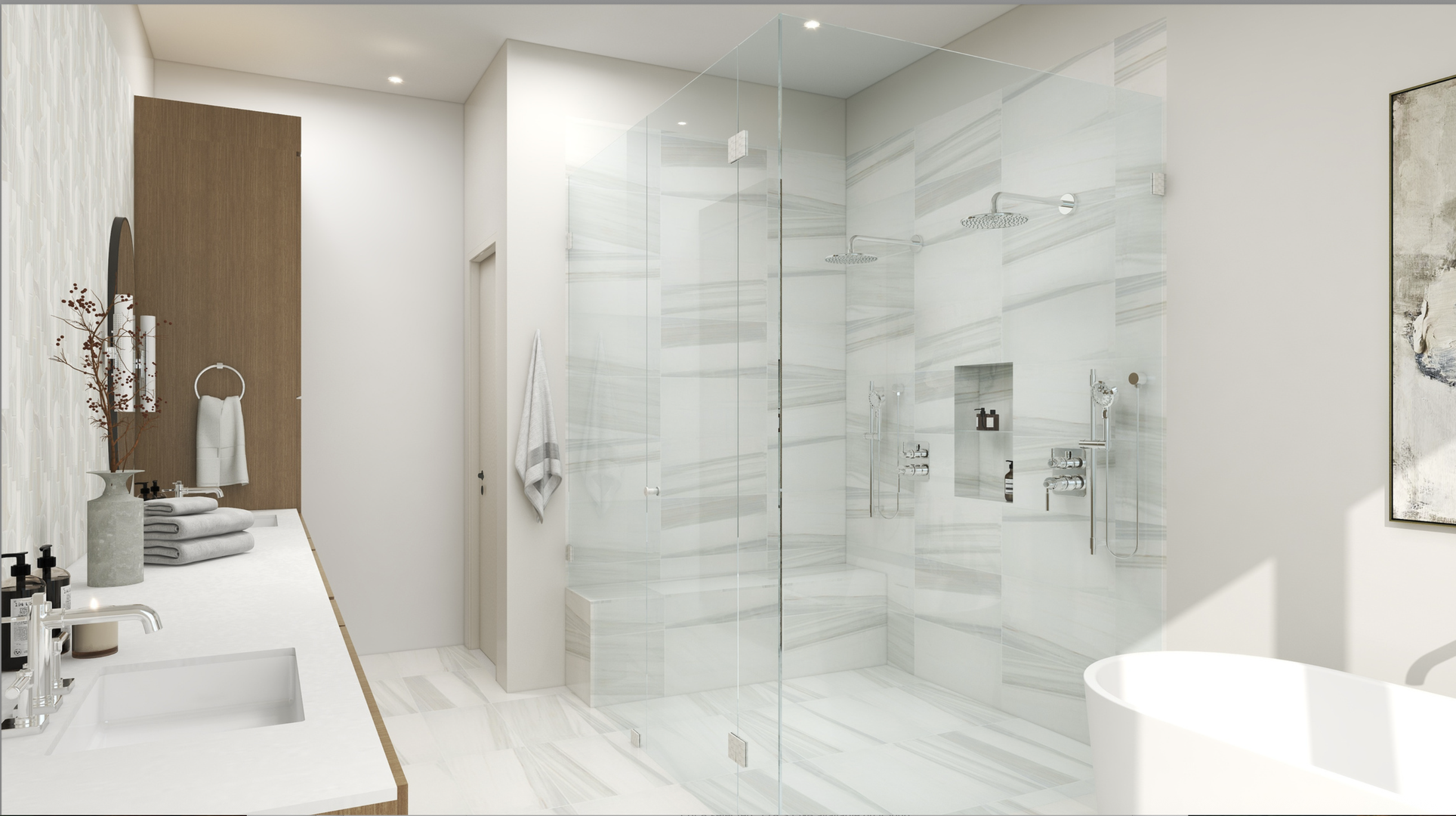 Step into your private spa retreat, where gleaming marble and a rainfall shower invite you to unwind after a day of adventure.