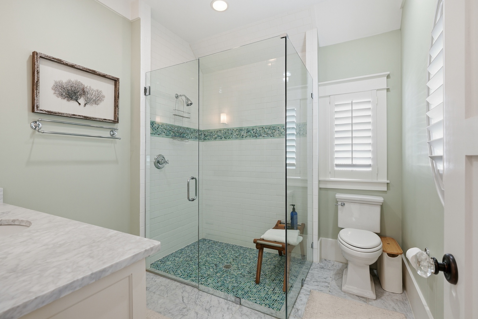 Step into your serene spa-like bathroom featuring a stunning walk-in shower with elegant mosaic tile accents, crisp white finishes, and thoughtful touches throughout.