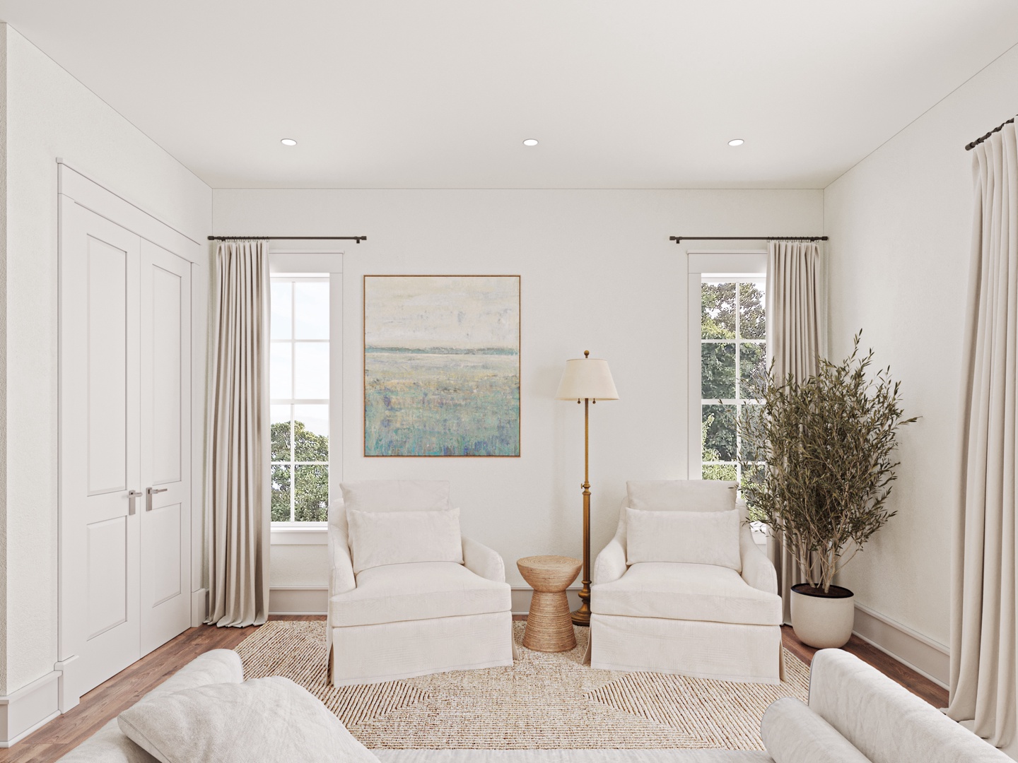 Sink into plush white armchairs by sunny windows, where natural light illuminates your peaceful reading nook with calming artwork and fresh greenery.