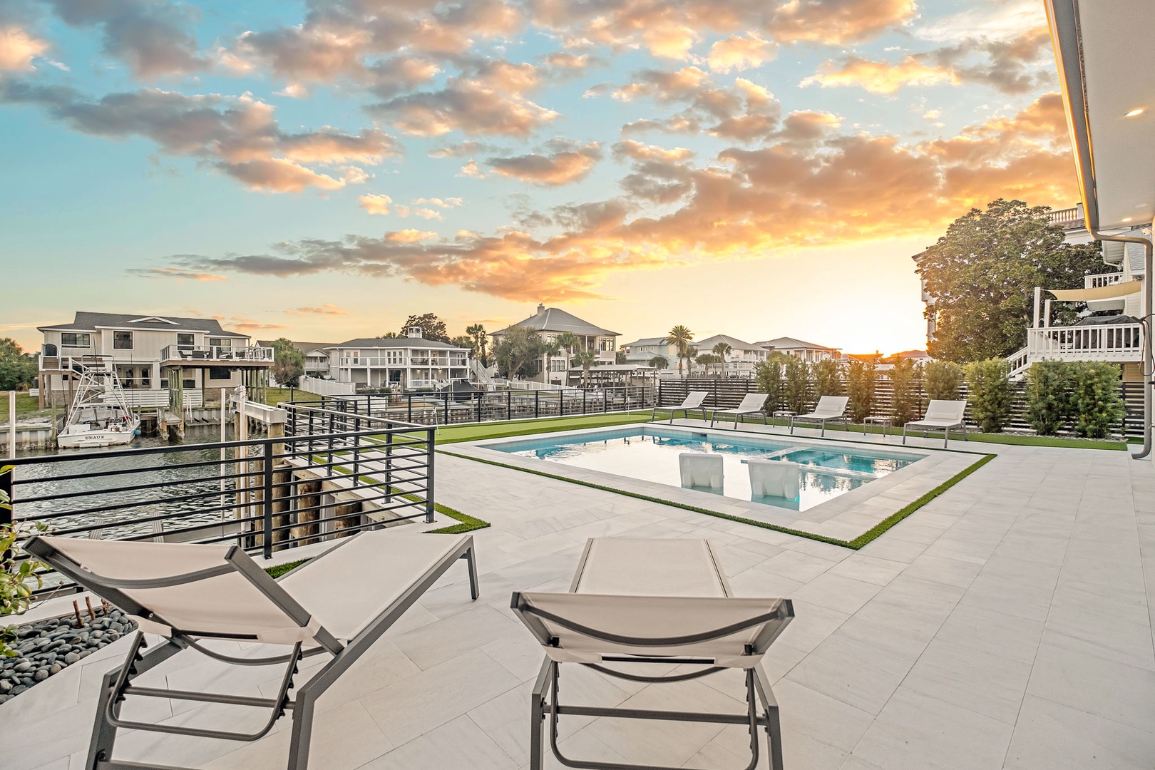 Unwind on your private terrace as golden hour paints the sky, with your personal pool reflecting the stunning sunset colors.