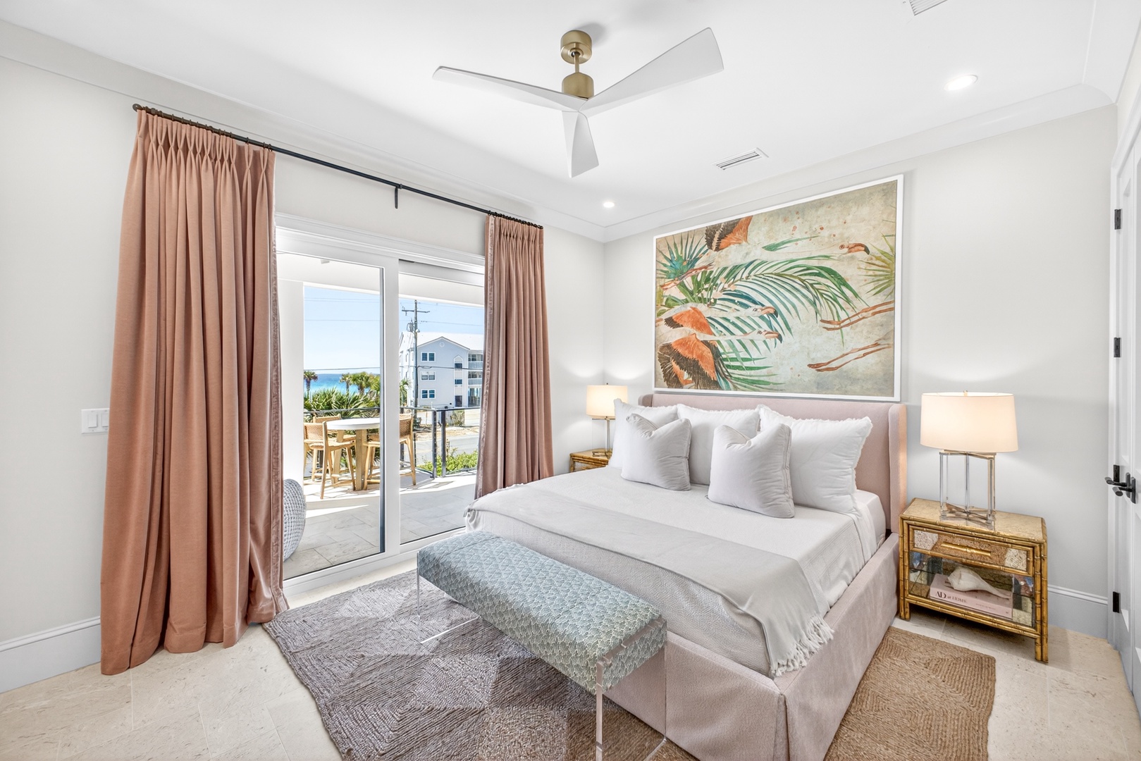 Unwind in your coastal retreat with soft linens, tropical artwork, and balcony access to ocean breezes. Natural light and calming tones create your perfect escape.