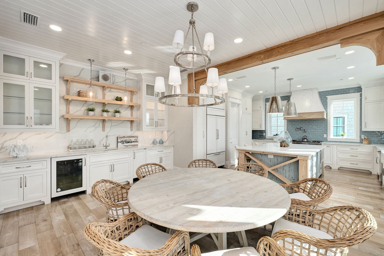 Your spacious farmhouse kitchen combines elegant marble counters with warm wood accents, perfect for cooking memorable meals together.