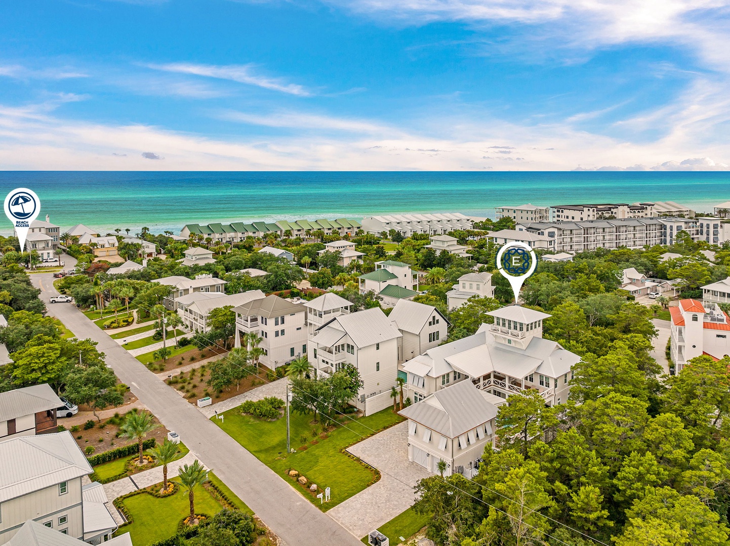 This coastal neighborhood offers stunning access to sugar-white sand beaches and the sparkling emerald Gulf waters, just a short stroll away through tree-lined streets.
