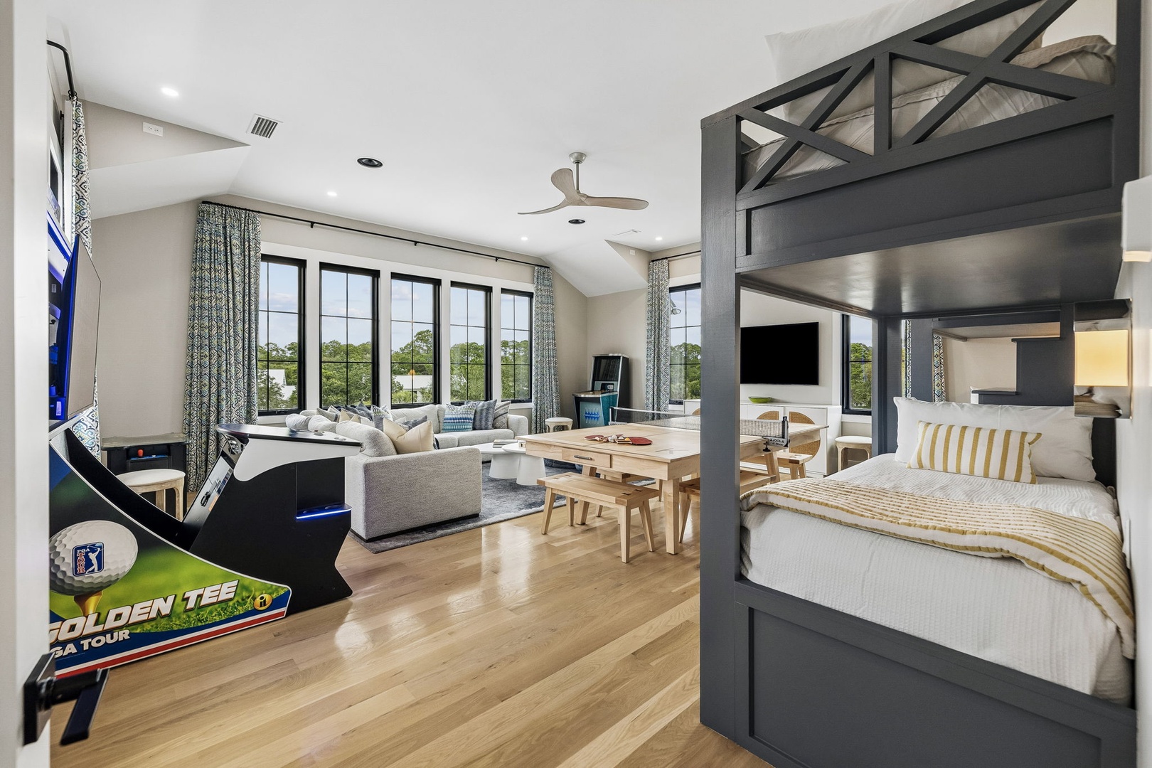 Unwind in this bright, open-concept space where your family can spread out comfortably. The bunk bed setup adds fun for the kids, while large windows frame natural light and views to enjoy anytime.