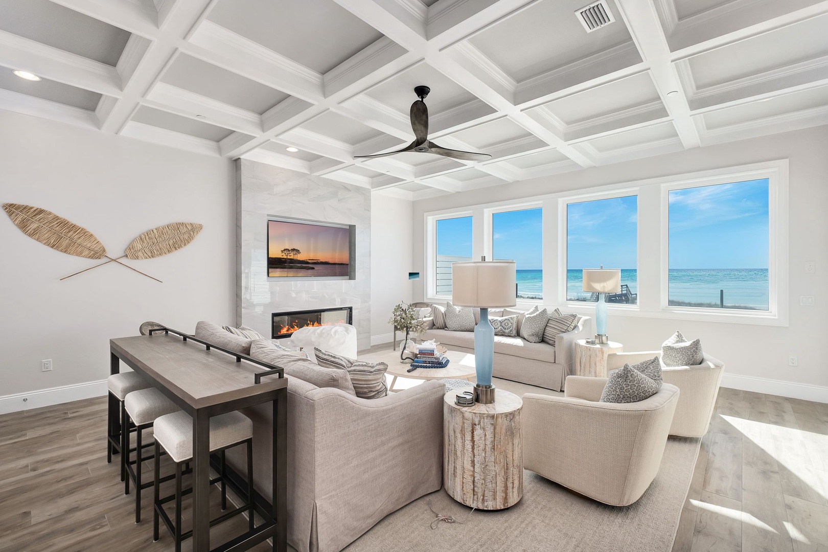 Your elegant living space features stunning ocean views and a cozy fireplace for perfect relaxation.