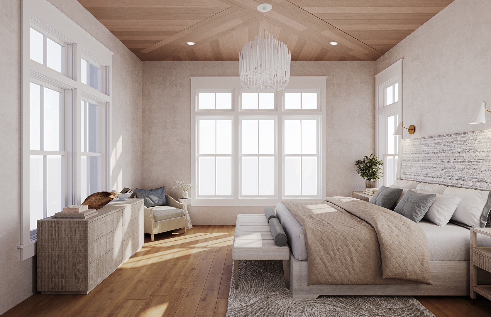Picture yourself waking in this serene retreat—natural light streaming through expansive windows, warm wood tones overhead, and plush bedding awaiting your arrival. Your peaceful escape starts here.