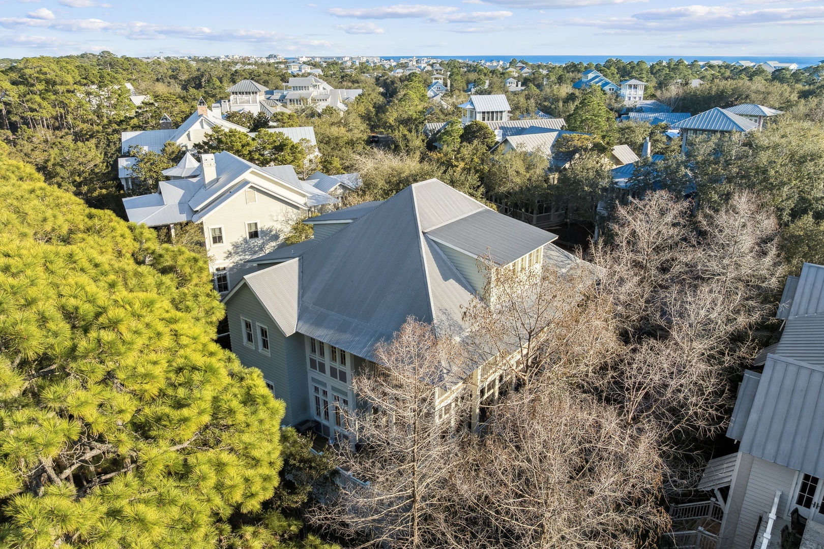 Aerial view of a coastal community with distinctive architecture nestled among lush trees, offering glimpses of the nearby ocean beyond.