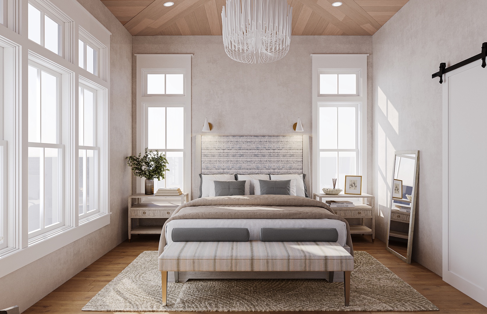 Sink into soft linens and wake to natural light flooding through soaring windows. Your serene bedroom offers cozy textures, a stylish chandelier, and warm wood accents for ultimate relaxation.