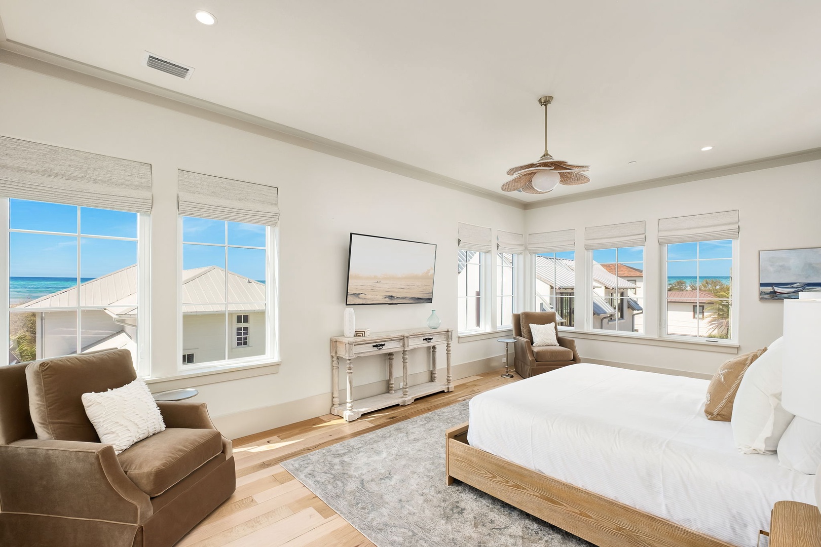 Wake up to stunning ocean views from your bed, where crisp linens and coastal breezes create the perfect morning retreat.