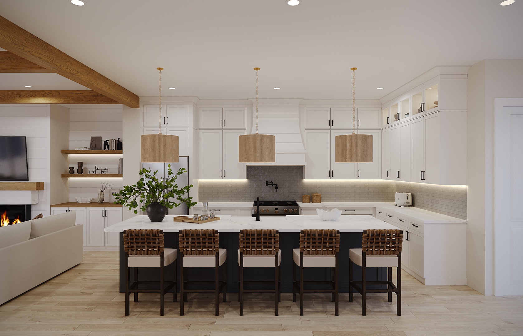 Your gourmet kitchen features pristine white cabinetry, warm wood accents, and a spacious island where you can gather for meals or casual conversations.