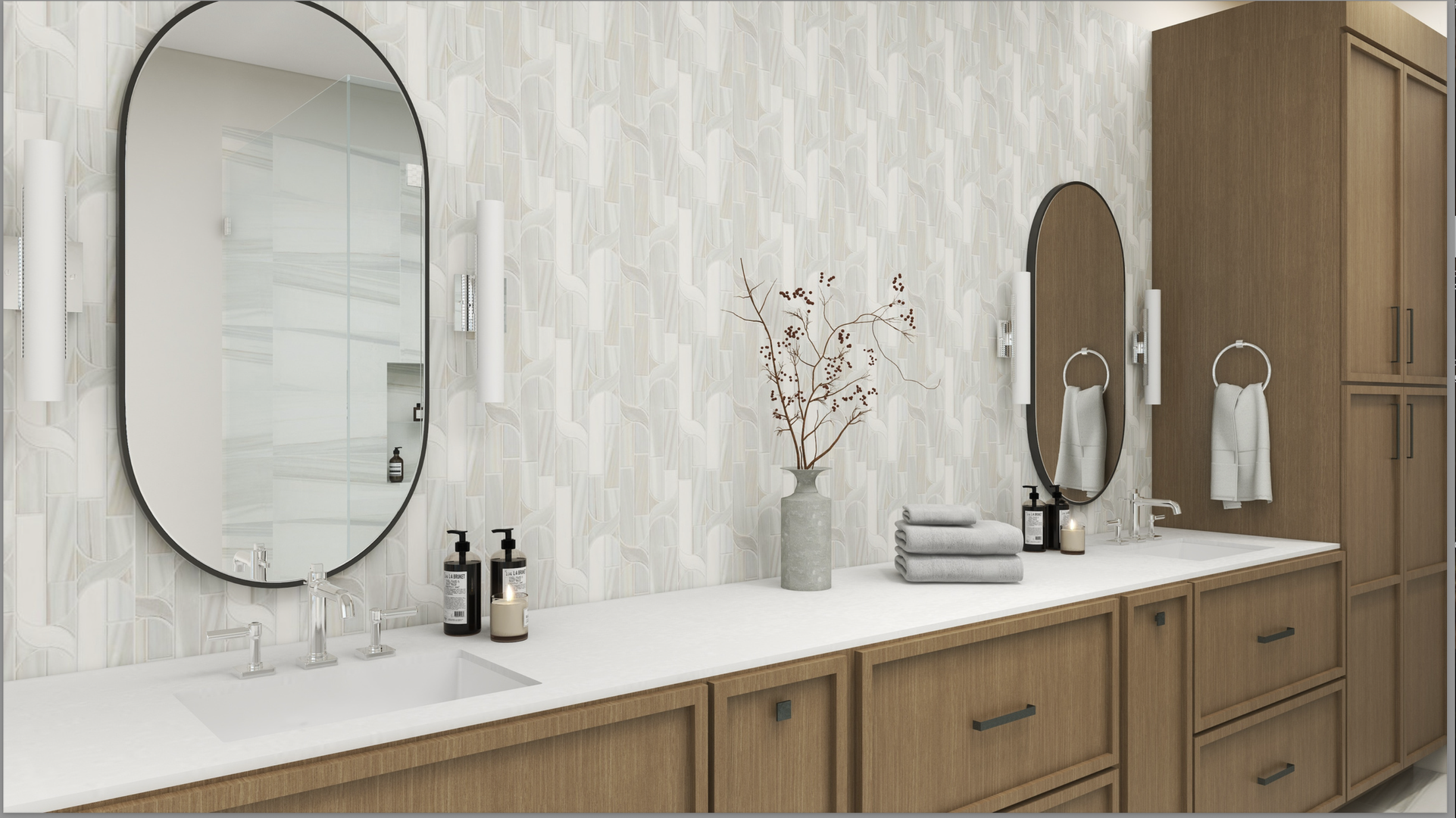 Refresh in your serene dual-vanity bathroom with warm wood cabinetry, elegant mirrors, and a soothing textured backdrop that wraps you in calm sophistication.