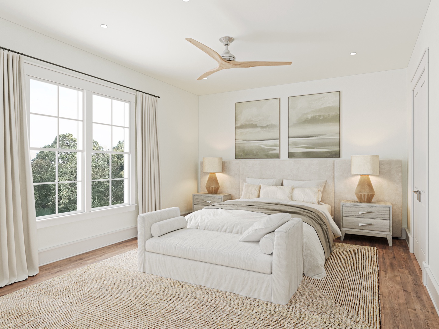 Drift off in this serene bedroom where soft linens meet warm lighting, creating your perfect sanctuary for restful nights.