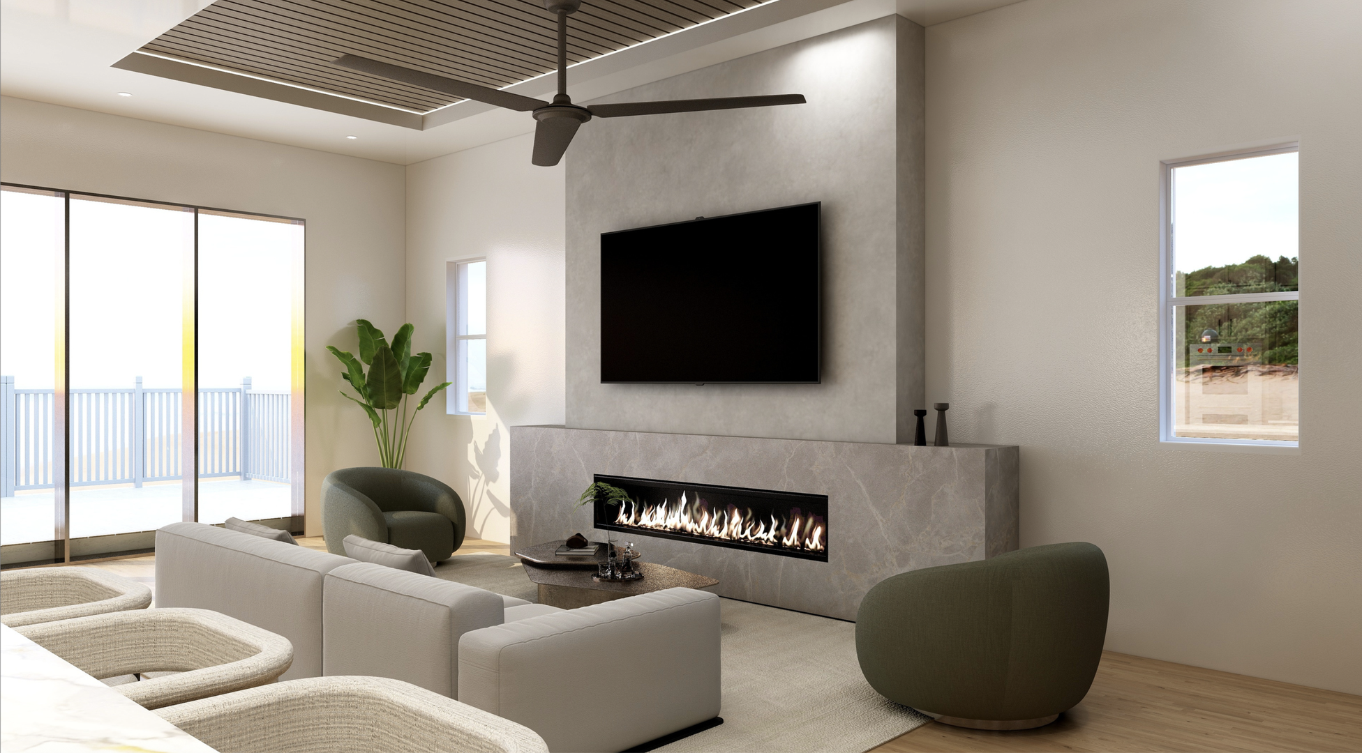 Unwind in your sleek living room where a modern fireplace creates a warm, inviting glow beneath a stylish wall-mounted TV. With coastal views just steps away and a ceiling fan keeping things cool, this is your perfect spot to relax after a beach day.