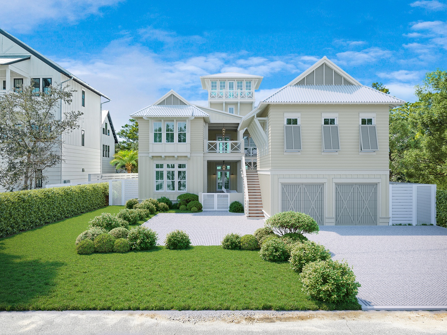 Elegant coastal retreat featuring classic architecture with pristine white siding, manicured landscaping, and spacious driveway. This inviting property combines modern luxury with timeless beach house charm.