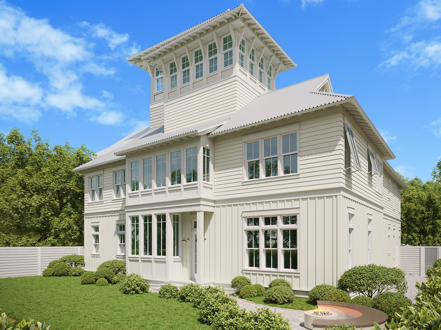 An elegant coastal-style home with a distinctive tower, surrounded by lush landscaping and featuring a welcoming fire pit area—your arrival at this beautiful vacation retreat.