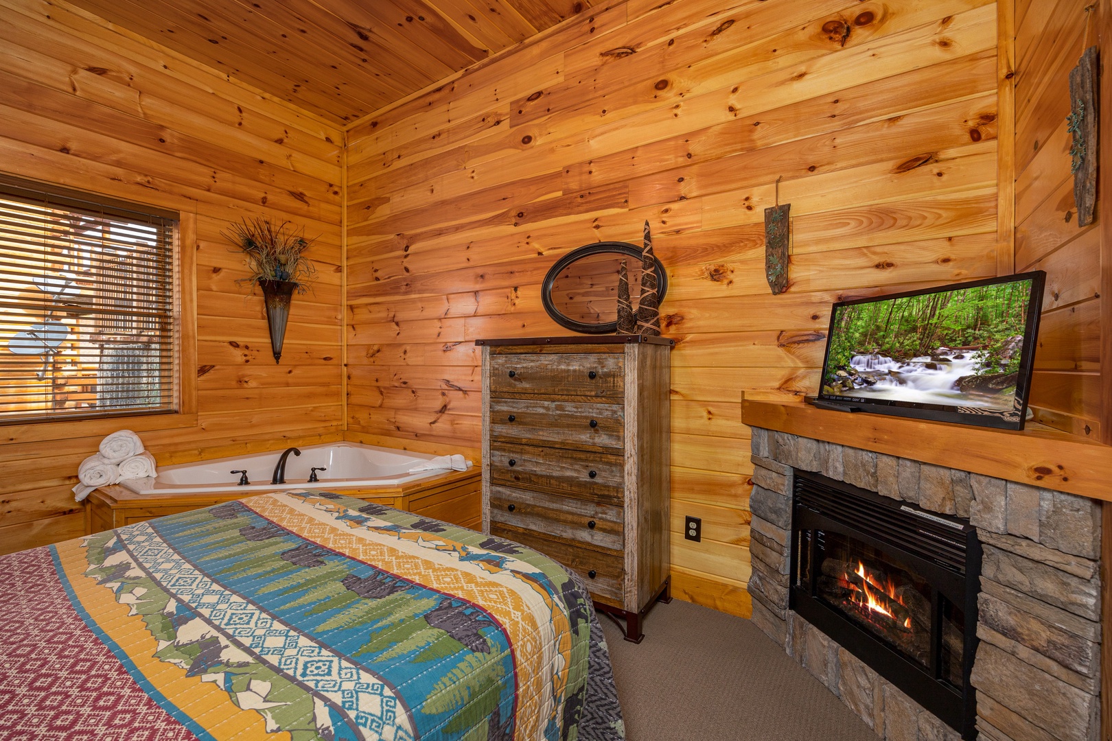 log cabin master bedrooms with fireplaces