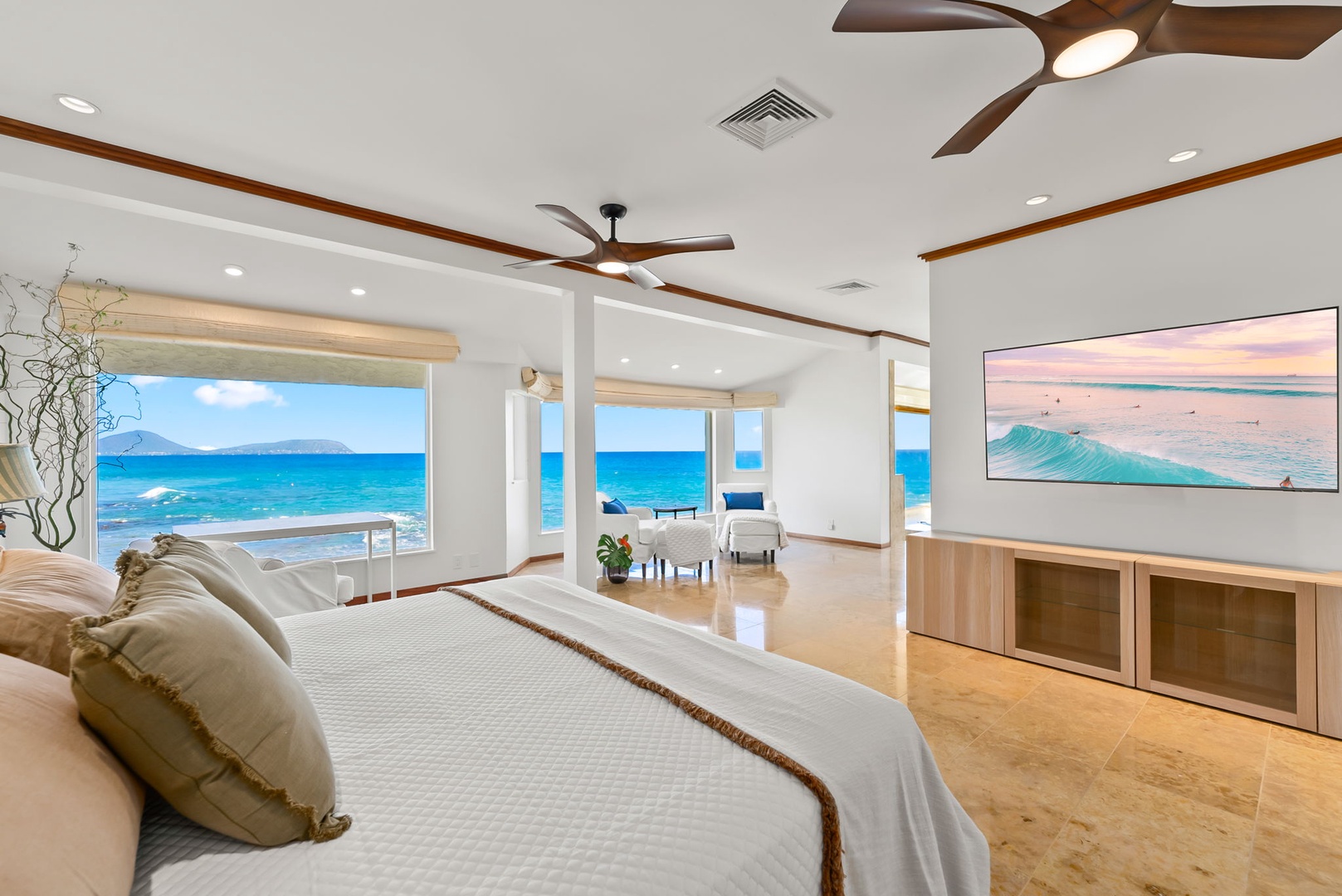 Honolulu Vacation Rentals, Black Point Ocean Villa - Breathtaking ocean views from your luxurious bedroom, where comfort meets paradise through floor-to-ceiling windows.
