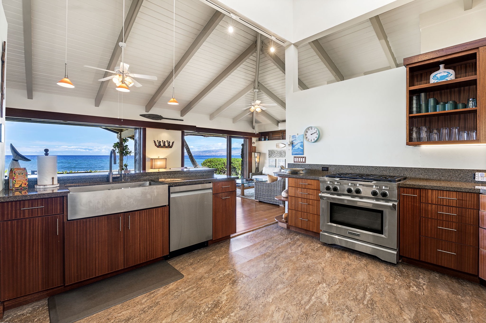 Kamuela Vacation Rentals, Island Time Retreat - The range and island open toward the water, so the cook never misses the view.