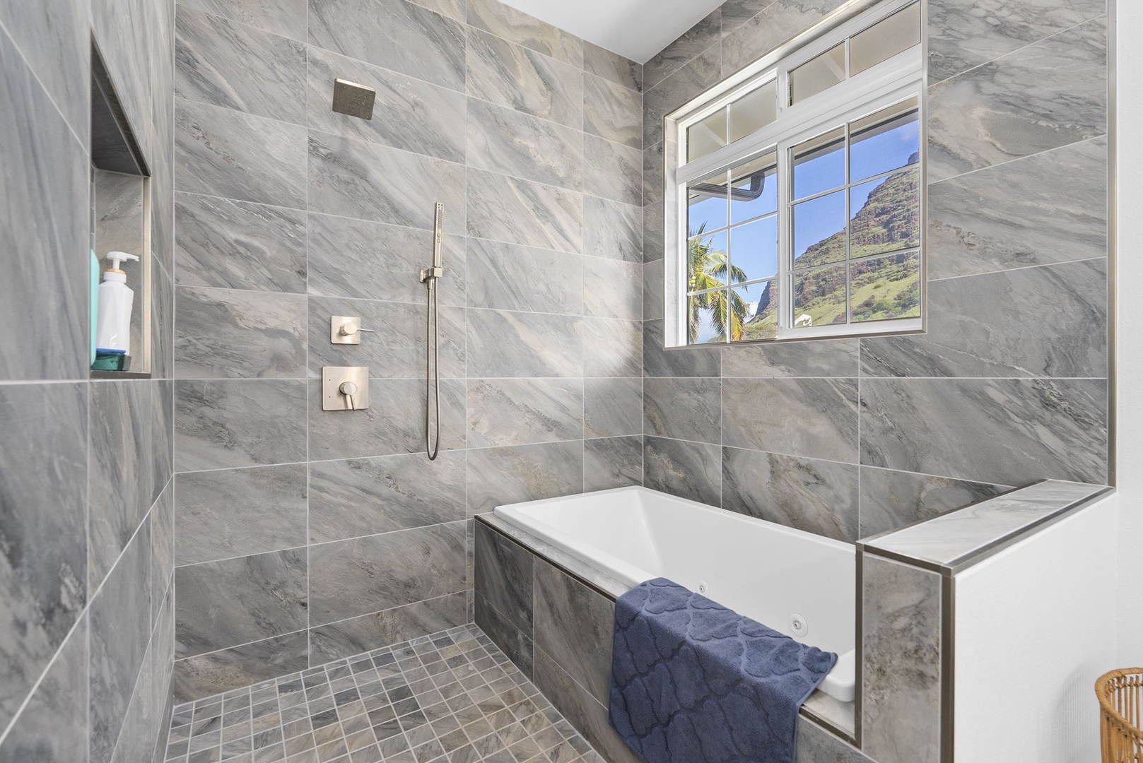 Waianae Vacation Rentals, Oceanfront Luxury Dream Estate - Luxurious tub and rain shower combo with tile surround, built-in niche, and natural light.