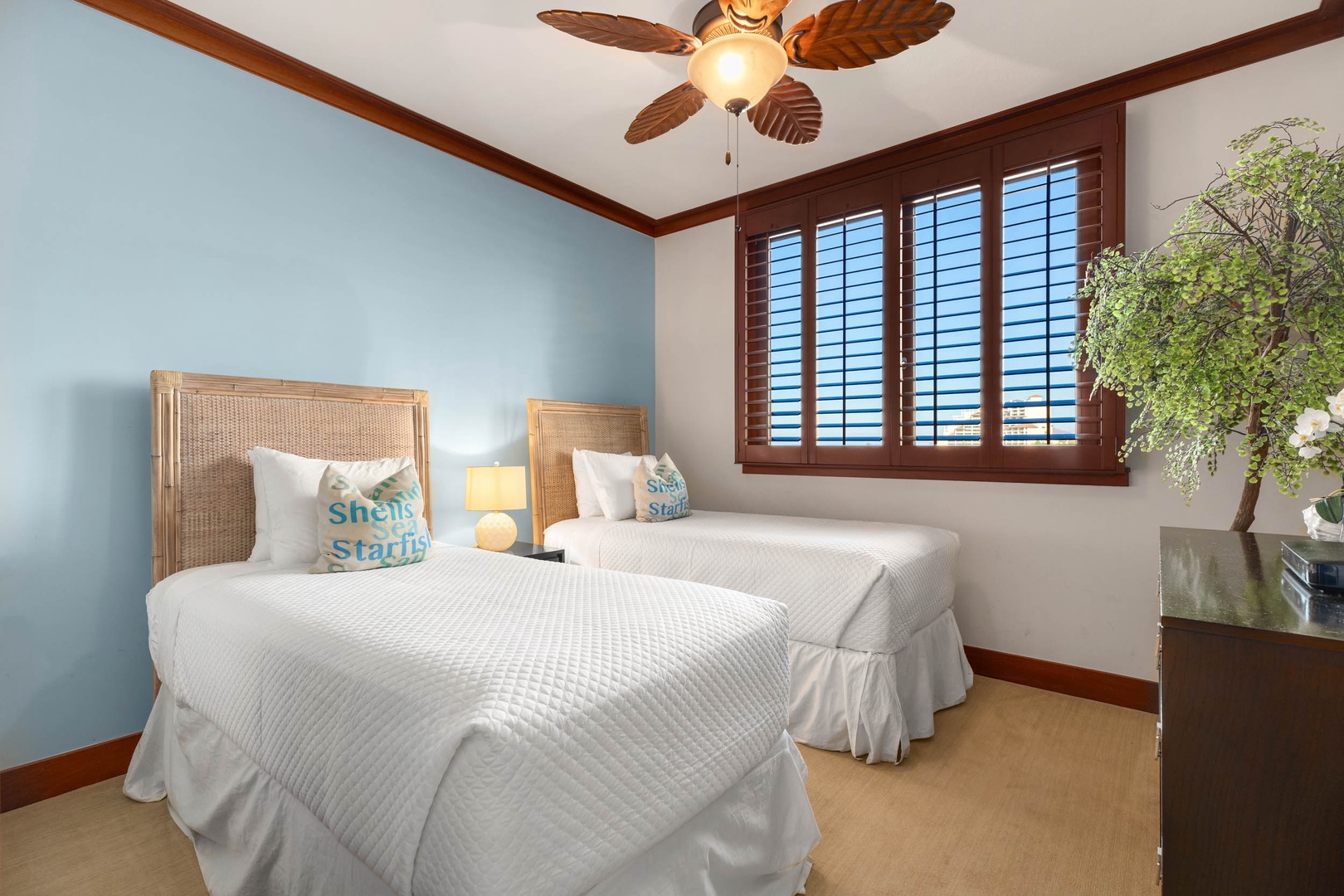 Kapolei Vacation Rentals, Ko Olina Beach Villas B604 - Rest easy in this cozy twin bedroom with soft linens, tropical touches, and plenty of natural light.