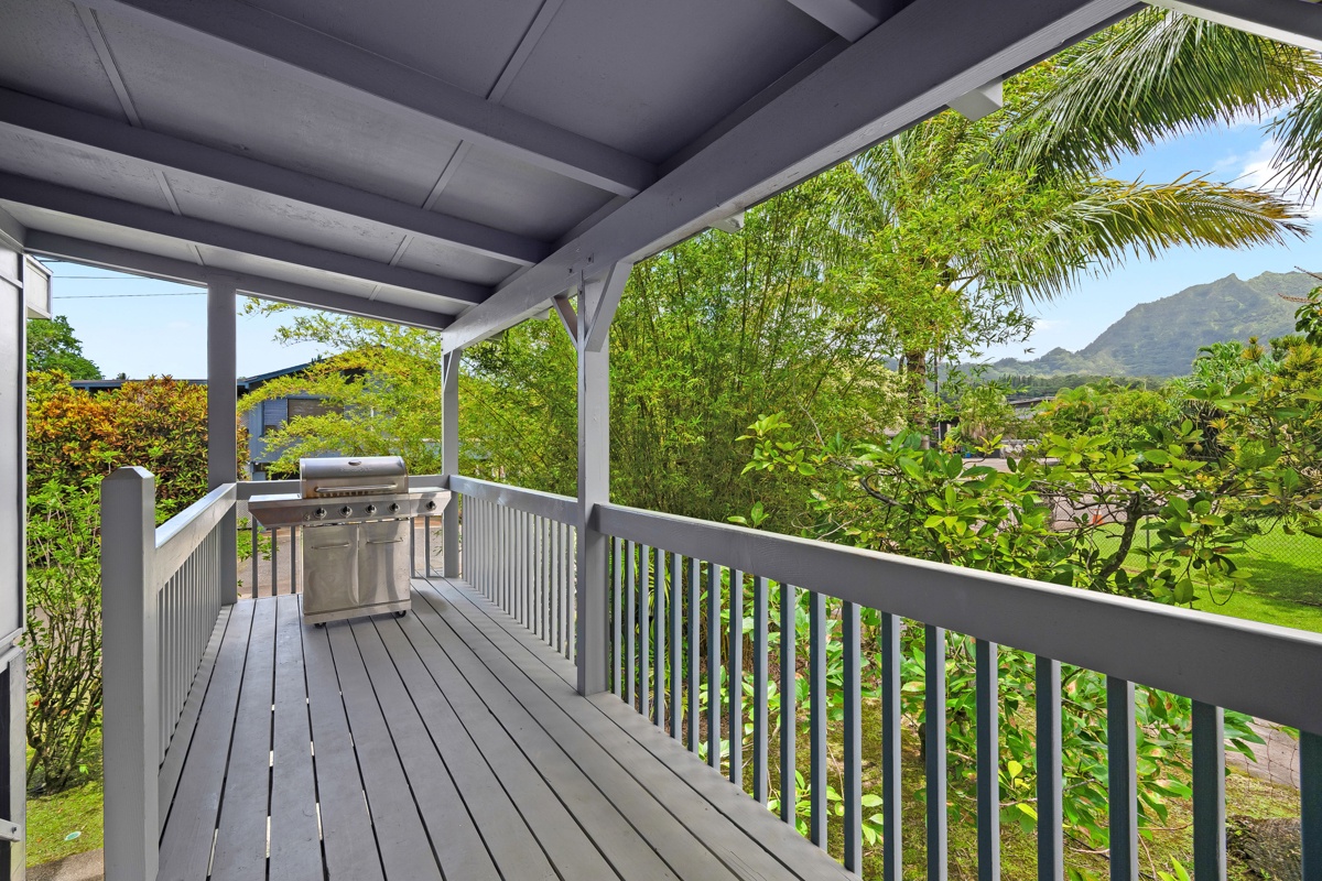 Hanalei Vacation Rentals, Hale Kanani (Kaua'i) TVNC 1342 - Beyond the railing, the mountains rise green and close, the reason the lanai faces this way.