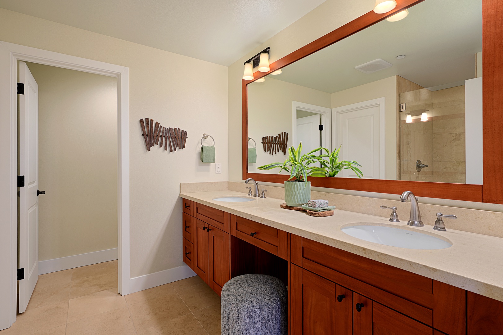 Koloa Vacation Rentals, Pili Mai 6M - Clean, modern ensuite bathroom with dual vanities and functional layout — practicality meets style.