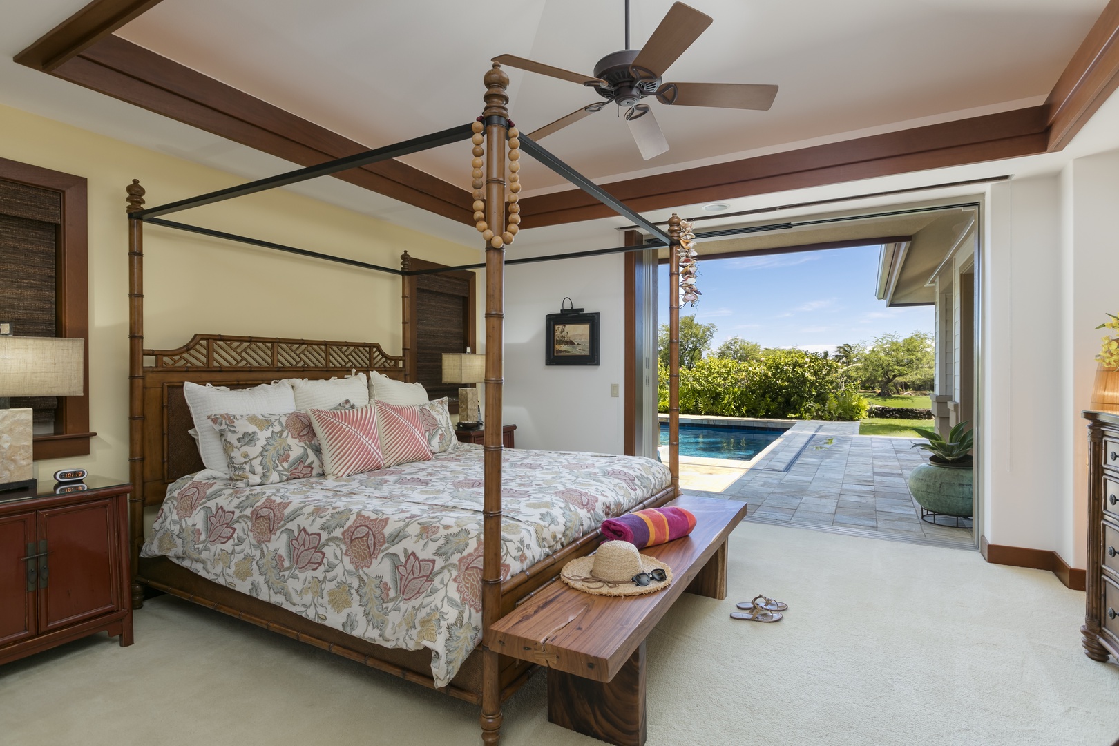 Kamuela Vacation Rentals, Villages at Mauna Lani Resort Unit # 728 - Primary Bedroom Suite with KING BED with access to the heated spa and pool.