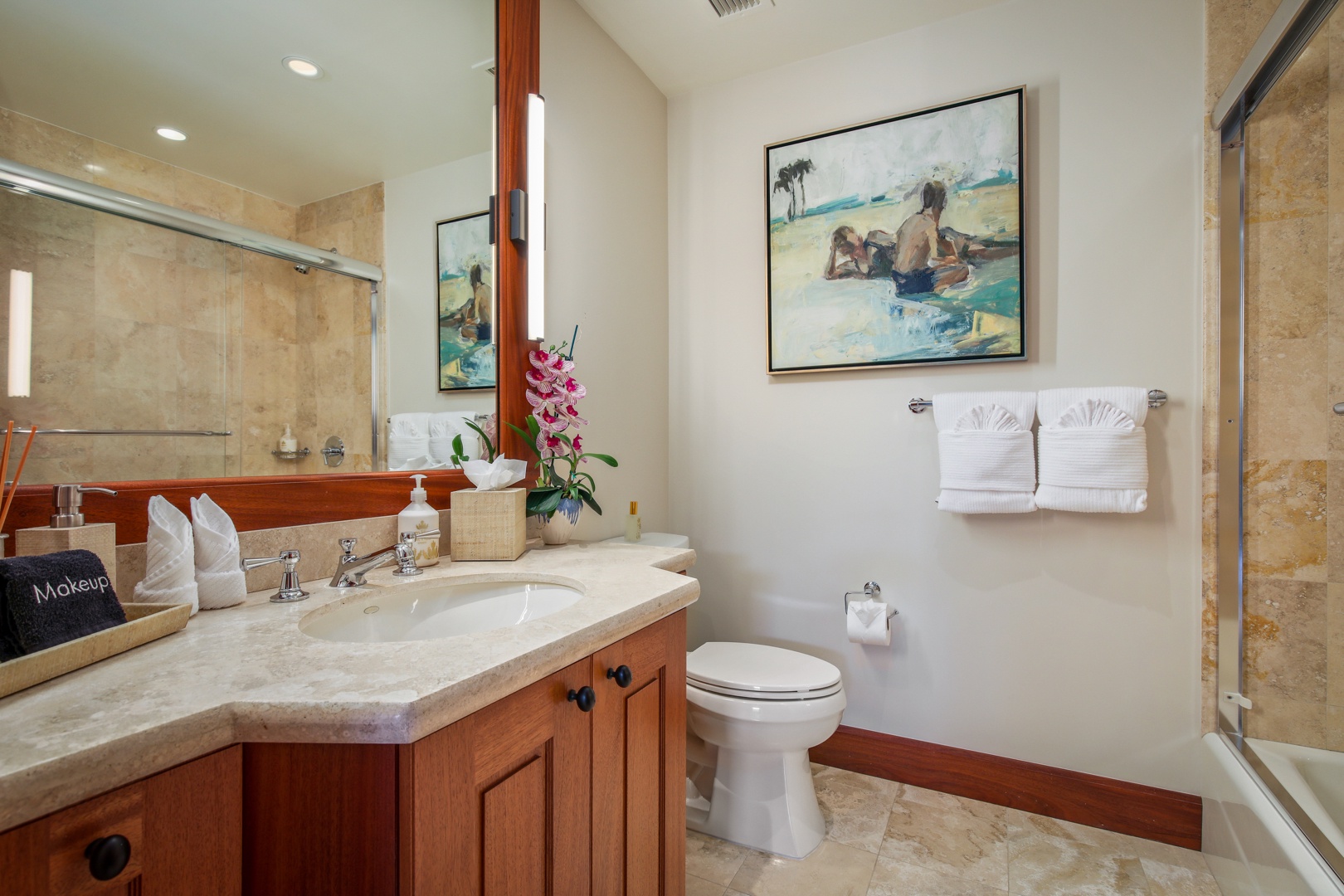 Kailua Kona Vacation Rentals, 4BD Hainoa Estate (122) at Four Seasons Resort at Hualalai - Full en suite bath in Guest Room 2 with tub/shower combo.