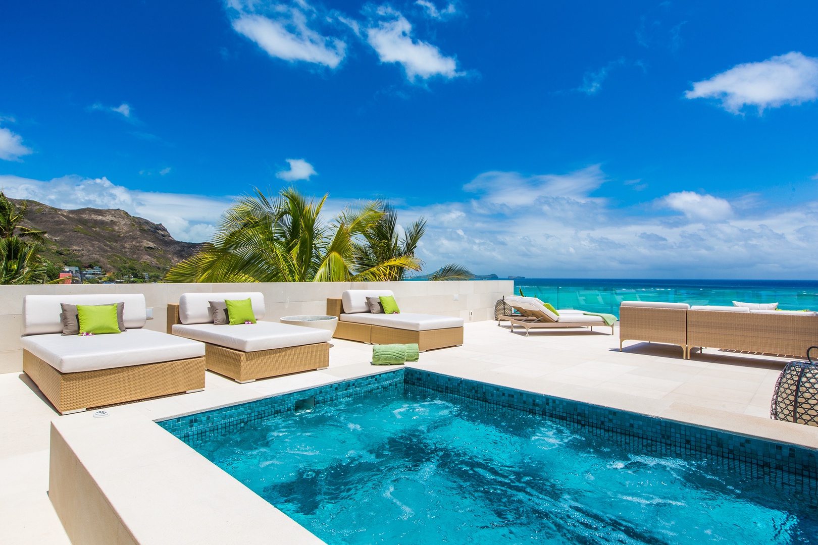 Kailua Vacation Rentals, Lanikai Hillside Estate - Jacuzzi and chaise loungers on 2nd floor deck